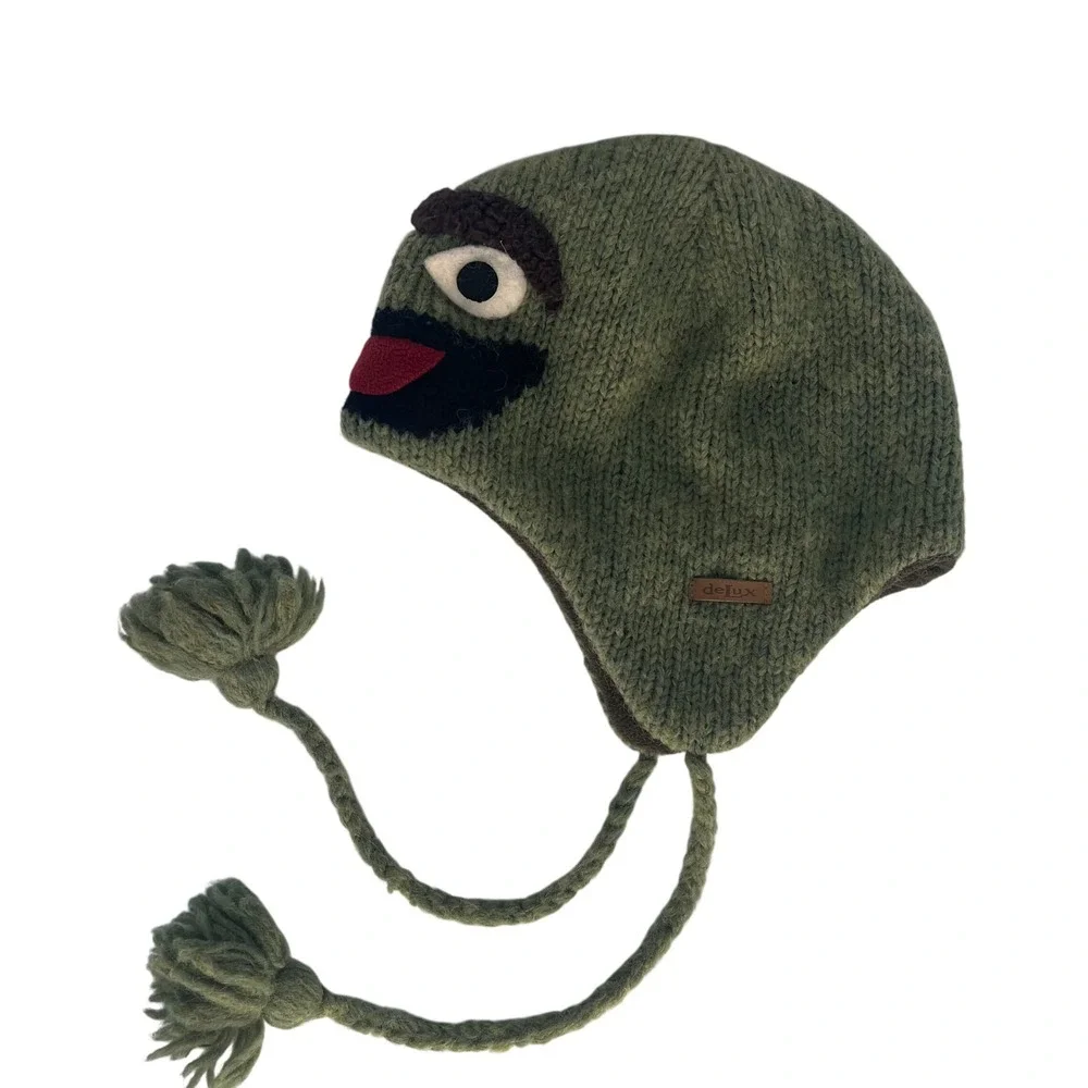 Knitwits Oscar the Grouch Sesame Street Beanie‎ Hat Winter Warm Earflap Tassels
